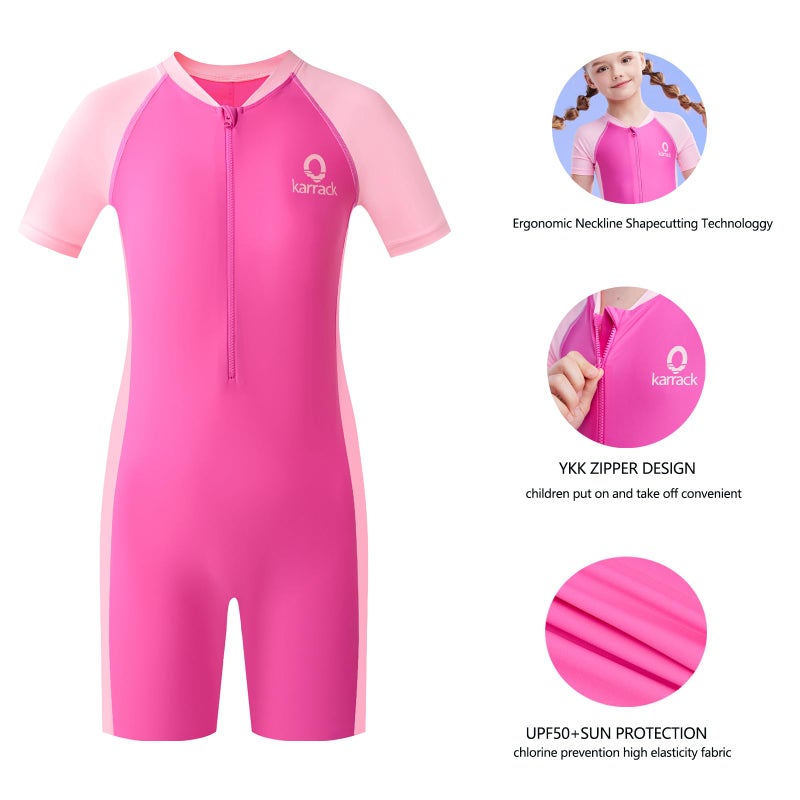 karrack Girls and Boys One Piece Rash Guard Swimsuit Kid Water Sport Short Swimsuit UPF 50+ Sun Protection Bathing Suits Pink (Size 4-6Years) - Image 5